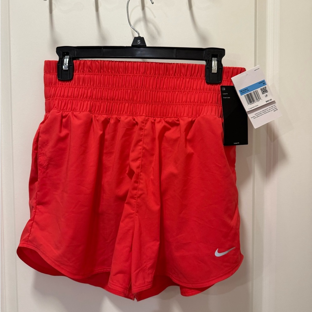 Nike Women's Red High-Waist Athletic Shorts with Smocked Band
